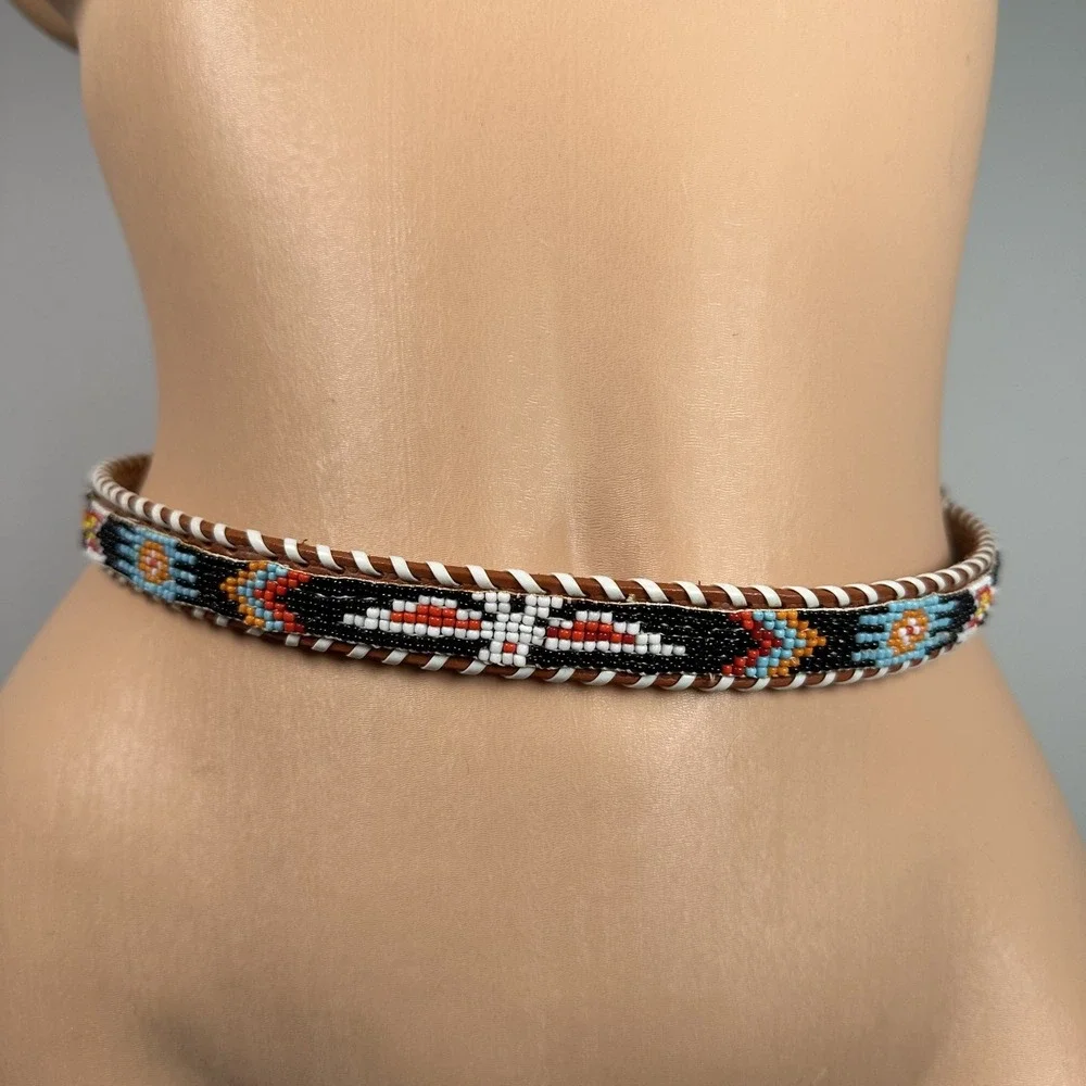 Womans Indian Hand Beaded Leather Belt Adjustable Bird Colorful
